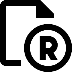 Clean line icon of a document with a circled R symbol. Used for copyright, registered marks, and legal files.