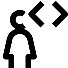 Clean line icon of a female coder with angle brackets above. Used for coding profiles and developer tools.