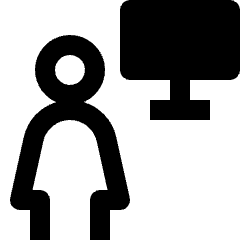 Clean line icon of a female figure beside a desktop monitor. Used for user actions, profiles, and computer interfaces.