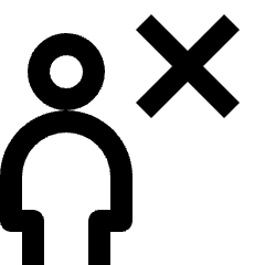 Minimal line icon of a user silhouette with an X above right. Used for removing users and account access.