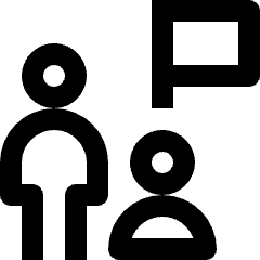 Clean line icon of two user silhouettes with a flag. Used for teams, groups, user roles, and membership.