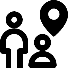 Clean line icon of two user silhouettes beside a location pin. Used for team maps, shared locations, and user tracking.