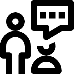 Clean line icon of two user silhouettes with a three-square message bubble. Used for group chats and messaging.