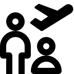 Clean line icon of two user figures with an airplane above them. Used for group travel, passengers, and flight bookings.