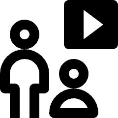 Clean line icon of two user silhouettes with a play button. Used for multiplayer, profiles, and player controls.