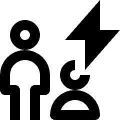 Clean line icon of two user silhouettes with a lightning bolt. Used for quick user access and shortcuts.