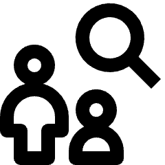 Clean line icon of two user silhouettes with a magnifying glass. Used for searching multiple users.