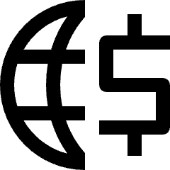 Clean line icon of a globe beside a dollar sign. Used for currency exchange, global finance, and payments.