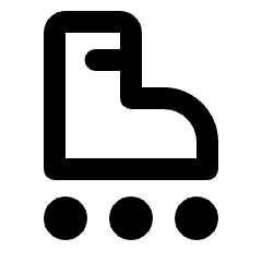 Rounded line icon of a roller skate with three wheels. Used for skating, sports, recreation, and activity menus.