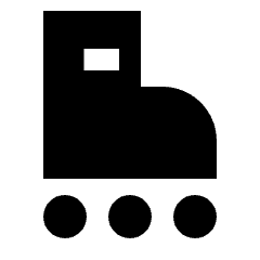 Sharp solid icon of a skate boot with an ankle opening, curved toe, and three wheels. Used for skating, sports, and recreation.