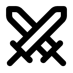Rounded line icon of two crossed swords. Used for combat, games, weapons and battle screens.
