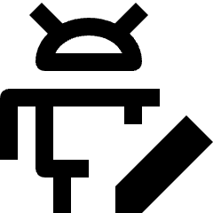 Clean line icon of an Android robot with a diagonal pencil. Used for Android editing, customization, and developer tools.