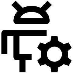Clean line icon of an Android robot with a gear beside it. Used for Android settings, system controls, and device setup.