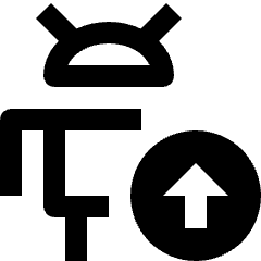 Clean line icon of an Android robot with an upload arrow in a circle. Used for Android uploads and app publishing.