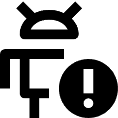 Clean line icon of an Android head above an exclamation mark in a circle. Used for Android warnings and alerts.