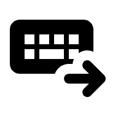 Rounded solid icon of a keyboard with a right-pointing arrow. Used for external keyboards, input, and pairing.