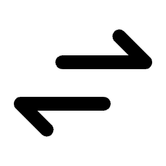 Rounded solid icon of two opposing horizontal arrows, upper right and lower left. Used for transfers and swaps.