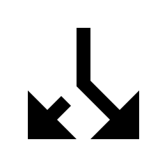 Sharp solid icon of a vertical arrow splitting into two angular downward branches. Used for flow branching; split actions.