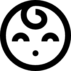 Minimal line icon of a baby face in a round outline with a curl and closed eyes. Used for baby care, kids, and family apps.