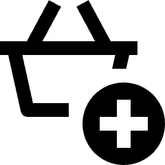 Clean line icon of a shopping basket with a plus sign in a circle. Used for adding items to carts and shopping lists.