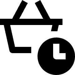 Clean line icon of a shopping basket with a clock badge. Used for timed shopping, cart updates, and delivery schedules.