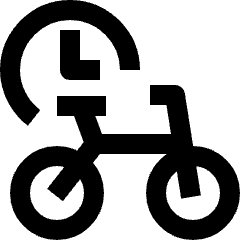 Clean line icon of a bicycle with a clock above it. Used for cycling pace, ride timing, and fitness tracking.
