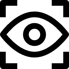 Clean line icon of an eye with iris inside scan-frame corners. Used for biometric security, access, and identity checks.
