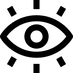 Clean line icon of an eye with a central circle and six surrounding rays. Used for iris scans and security.