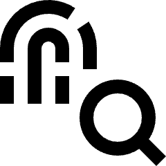 Clean line icon of a fingerprint with a magnifying glass. Used for biometric search and identity verification.