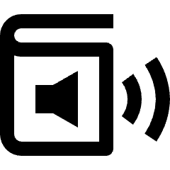 Clean line icon of a rounded book with a speaker and two sound waves. Used for audiobooks, narration, and audio controls.