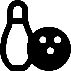 Clean line icon of a bowling pin beside a three-hole bowling ball. Used for bowling, sports, games, and recreation.