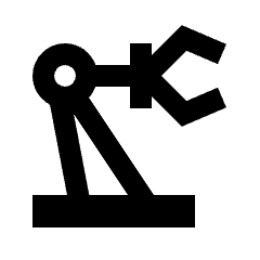 Sharp line icon of a mechanical arm with a round joint, angled supports, and base. Used for robotics and manufacturing.