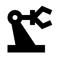 Sharp solid icon of an angular machine arm with a circular joint and open clamp on a base. Used for manufacturing.