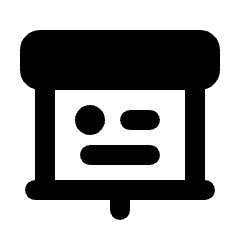 Rounded solid icon of a presentation board with a slide and three controls. Used for presentations, slide decks, and teaching.