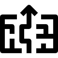 Clean line icon of maze paths surrounding an upward arrow. Used for strategy, navigation, and problem-solving.