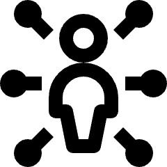 Clean line icon of a user bust surrounded by six nodes. Used for networks, teams, communities, and connections.