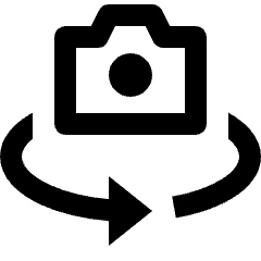 Clean line icon of a camera encircled by two curved arrows. Used for panorama photography, 360° camera modes, and virtual tours.