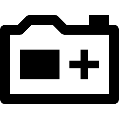 Clean line icon of a professional camera back with a rectangular screen and plus-shaped control. Used for camera interfaces.