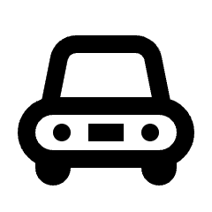 Clean line icon of a front-facing car with roof, lights, and wheels. Used for transport, vehicles, and automotive UI.