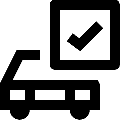 Clean line icon of a vehicle with a checkmark in a rounded square. Used for vehicle checks and approvals.