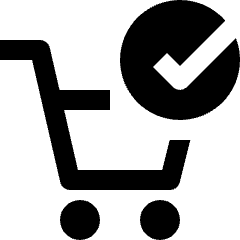 Clean line icon of a shopping cart with two wheels and a check mark inside a circle. Used for checkout and order confirmation.