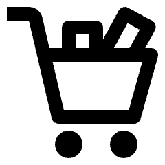 Clean line icon of a shopping cart with a basket, handle, and two wheels. Used for carts, checkout, and ecommerce.