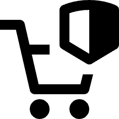 Clean line icon of a shopping cart with a shield above it. Used for secure shopping and checkout protection.