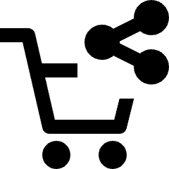 Clean line icon of a shopping cart with two wheels and a three-node share symbol. Used for shared carts and product sharing.