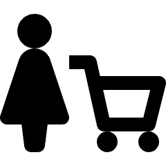 Minimal line icon of a woman beside a shopping cart. Used for women's shopping, retail, and ecommerce interfaces.