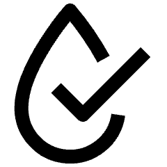Clean line icon of an open water droplet with a check mark. Used for waterproof phones and water resistance.