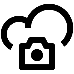 Clean line icon of a camera beneath a cloud outline. Used for cloud cameras, uploads, and backup.