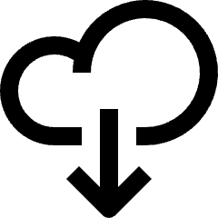 Clean line icon of a cloud outline with a downward arrow. Used for downloads, file transfer, and cloud storage.