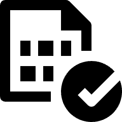 Clean line icon of a document with a folded corner, square marks, and a check in a circle. Used for files and approvals.