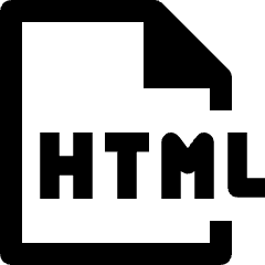Clean line icon of a document with a folded corner and HTML letters. Used for HTML files, web development, and code documents.
